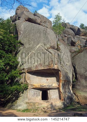 Rocky complex with caves near the village of Bubnishche in the Ukrainian Carpathians