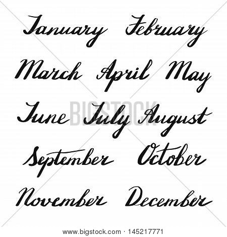 Handwritten months of the year: January February March April May June July August September October November December. Black words isolated on white background. Vector illustration.