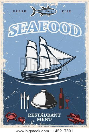 Stylized seafood poster with fishing boat in the sea and headline seafood restaurant menu vector illustration