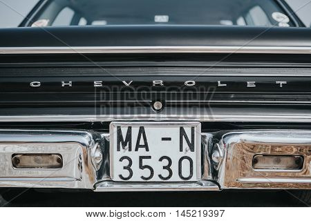 MALAGA, SPAIN - JULY 30, 2016: 1965 Chevrolet Malibu Cheville back view detail, parked in Malaga aerodrome, Spain.