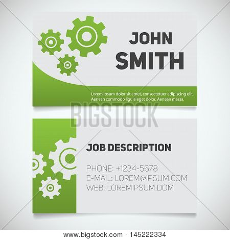 Business card print template with gears logo. Easy edit. Mechanic. Machinist. Cogwheels. Stationery design concept. Vector illustration