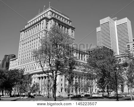 MONTREAL QUEBEC CANADA AUGUST 17 2016: Sunlife building in Montreal canada.The Sun Life Building is an historic office building at 1155 Metcalfe Street. Place ville Marie in background.