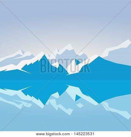 Dawn on snowy mountains. Mountains reflected in the water in the morning. Vector illustration