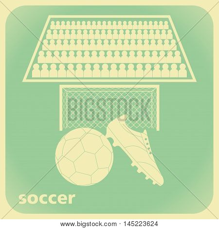 Soccer wallpaper with football boot,ball, goal and supporters in retro style. Vector illustration
