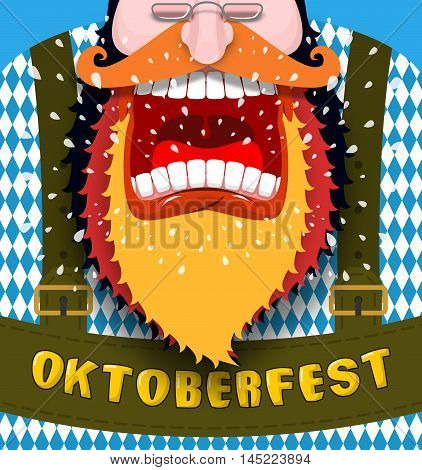 Shout Poster For Oktoberfest. Angry And Aggressive Man Shouts. Red Beard And Mustache. Bavarian Trad