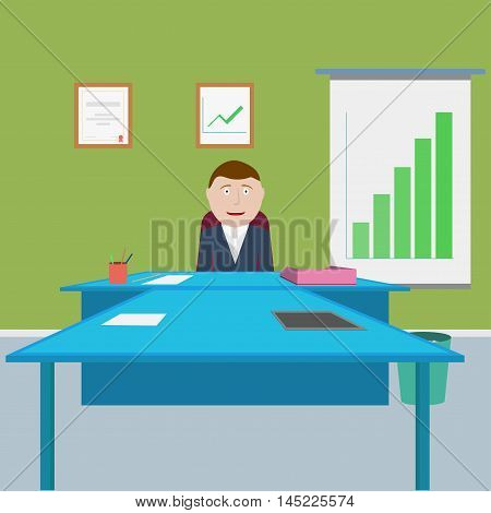 Happy chief. Boss in the office satisfied with the results of work. Vector illustration