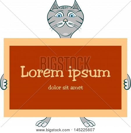 Vector cat above banner looking at you. Hand drawn illustration