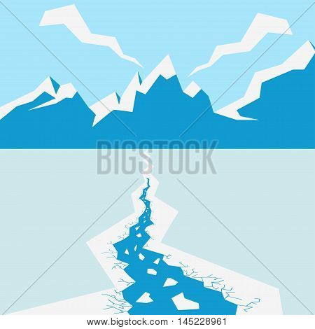 Vector winter landscape with a river on background of the mountains