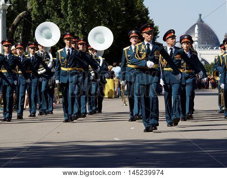 MOSCOW, RUSSIA - August 27, 2016: Military brass band of Russia marches. Festival of military orchestras 