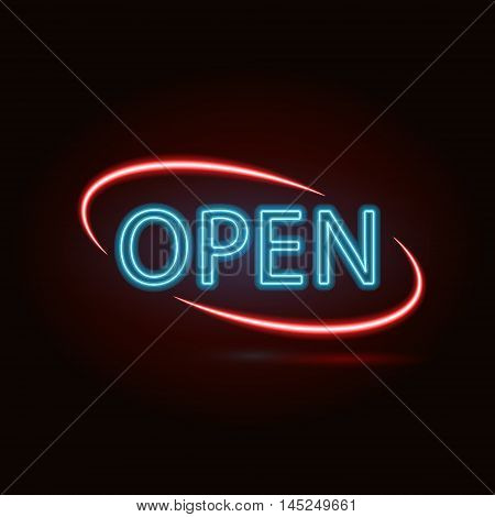 Vector neon sign with type  Bar Open. Red and blue and yellow  neon lights.