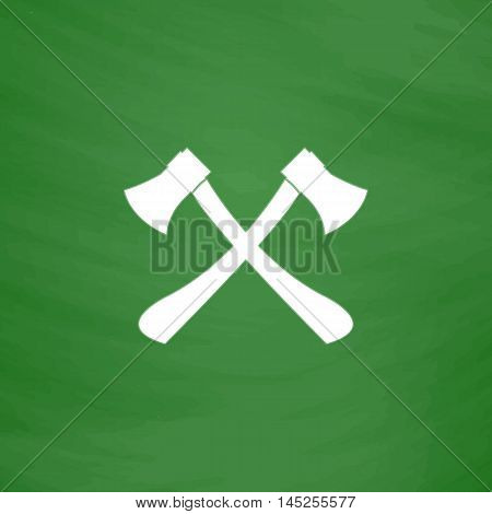 Two axes with wooden handles. Flat Icon. Imitation draw with white chalk on green chalkboard. Flat Pictogram and School board background. Vector illustration symbol