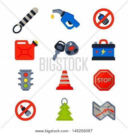 Auto transport motorist icons symbols and equipment auto transport symbols vector. Auto transport service and car driver tools icons high detailed vector set. Motorist driving icons