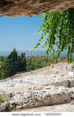 Section of the famous greek theater of Syracuse Sicily seen from the upper terrace with a caper plant in the foreground