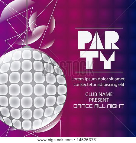 disco sphere shiny party tipography celebration night card advertising icon. Colorful design. Vector illustration