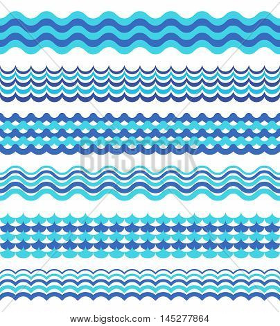 Set of sea waves borders isolated on white. Decoration design with wave water, vector illustration
