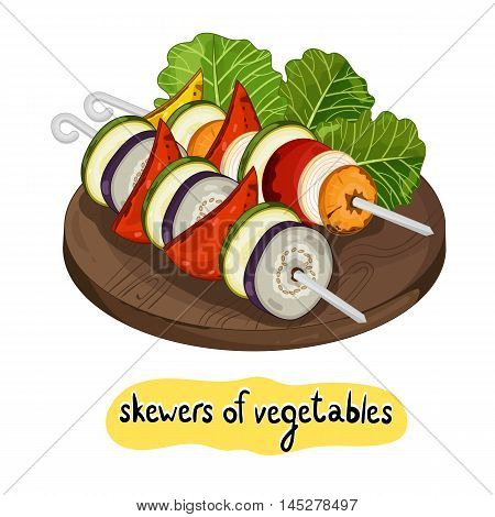 Grilled vegetables kebab on isolated on white background vector illustration. Roasted veggie food. Assorted vegetables barbecue. Grilled vegetable icon. BBQ vegetable. Barbecue food concet.