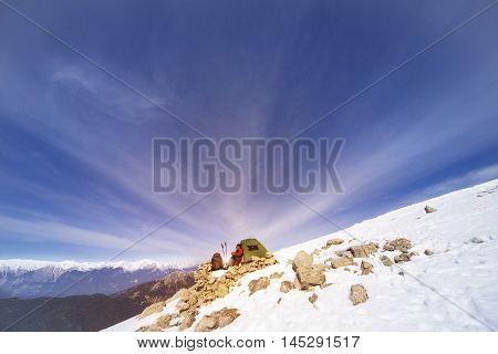 Camping on the top of the mountain in winter.