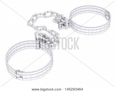Wire-frame white shackles isolated on white. 3d rendering