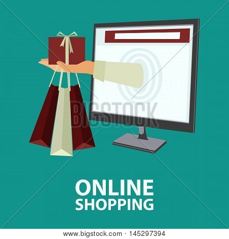 Hand delivers shopping bags with the purchased goods and gift box out from monitor. E-commerce online shopping buying internet concept in flat style. Vector illustration easy to edit