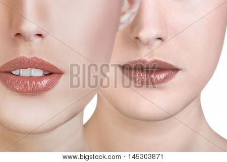 Collage of woman with biege color lips and beautiful smile