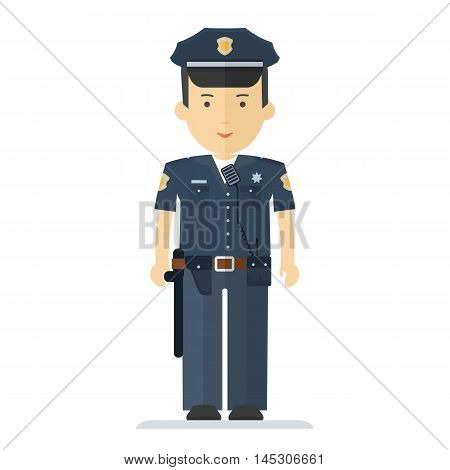 Vector police officer characner. Profession man in uniform. Design elements for marketing advertising promotion branding and media. Flat cartoon illustration. Objects isolated on white background.