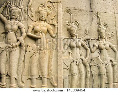 The detail of stone carvings in the Angkor Wat, Cambodia.
