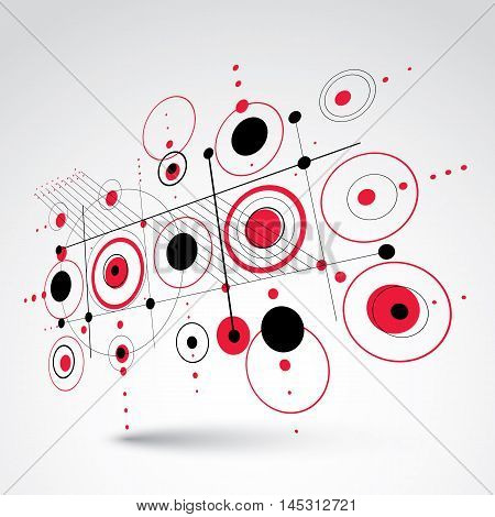 Bauhaus retro perspective red art vector background made using grid and circles. Geometric graphic 1960s illustration can be used as booklet cover design.