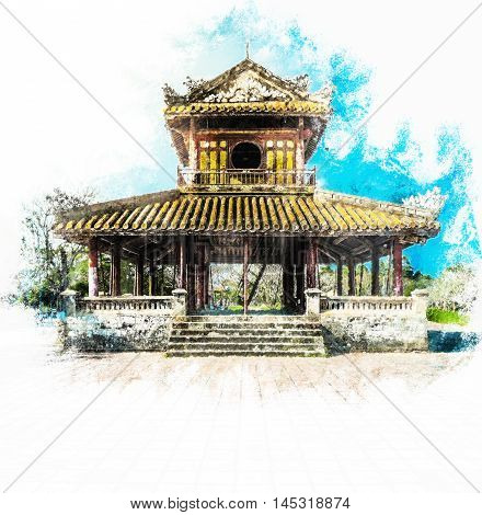 The temple in the Imperial Palace citadel at Hue in Vietnam. Hue, a UNESCO World Heritage site. Vintage painting, background illustration, beautiful picture, travel texture