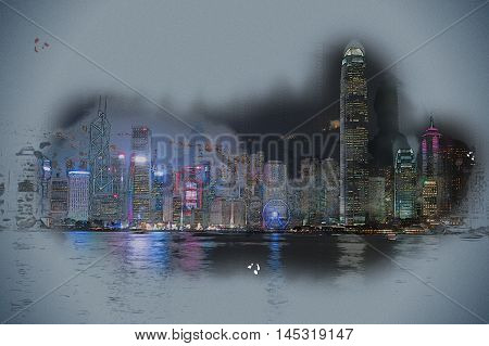 Hong Kong Island with scyscrapes illuminated by night, viewed from Kowloon, Hong Kong, China. Vintage painting, background illustration, beautiful picture, travel texture