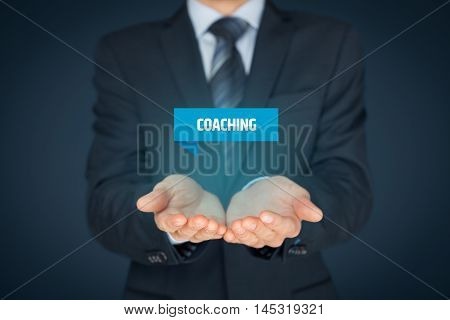 Coaching advertisement concept. Coach show virtual label with text coaching.
