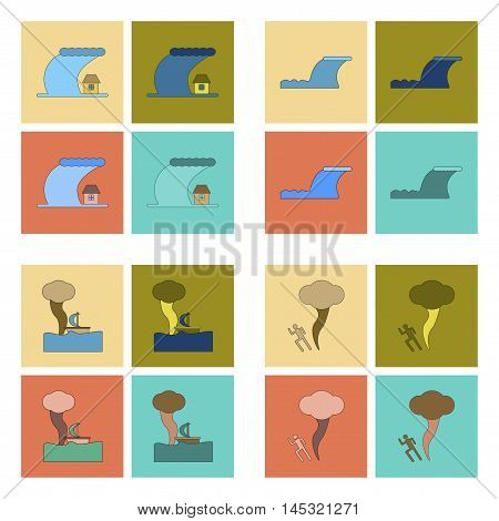 assembly of flat icons nature disaster tsunami tornado, vector