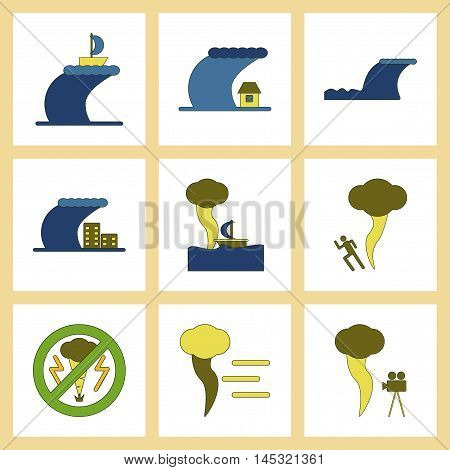 assembly of flat icons nature disaster tsunami tornado, vector