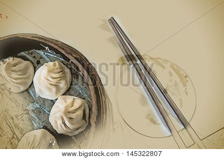 Traditional chinese food, steamed dumpling served on table in a wooden dish and with wooden chopsticks. Vintage painting, background illustration, beautiful picture, travel texture