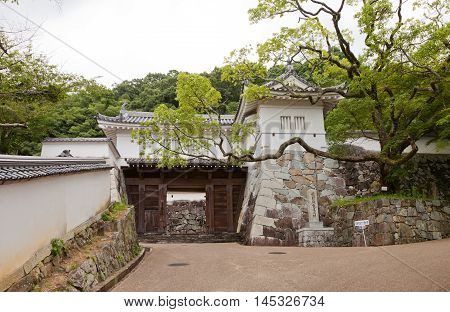 TATSUNO JAPAN - JULY 21 2016: Reconstructed Yaguramon Gate of Tatsuno castle in Hyogo prefecture Japan. Castle was erected in 1577 as a subordinate fort to Himeji castle