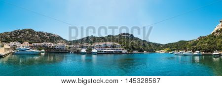 panoramic view of Poltu Quatu harbor on a clear day Sardinia