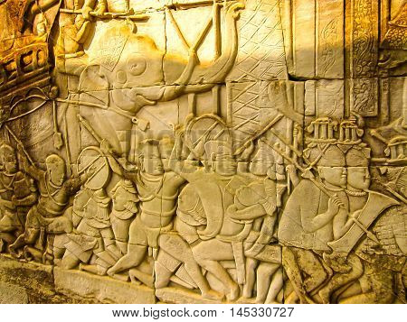The detail of stone carvings in the Angkor Wat, Cambodia.