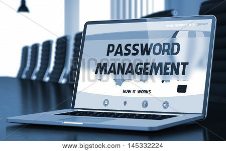 Modern Conference Hall with Laptop on Foreground Showing Landing Page with Text Password Management. Closeup View. Blurred Image with Selective focus. 3D Rendering.
