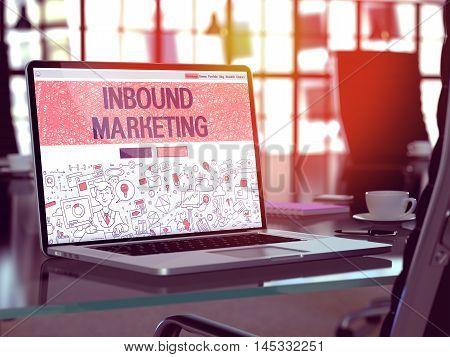 Inbound Marketing Concept. Closeup Landing Page on Laptop Screen in Doodle Design Style. On Background of Comfortable Working Place in Modern Office. Blurred, Toned Image. 3D Render.