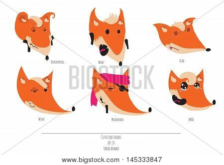 Cute vector set of playful foxes heads with various emotions. Boring wow dead winging muahaha lmao. Hand drawn cute illustration isolated on white background