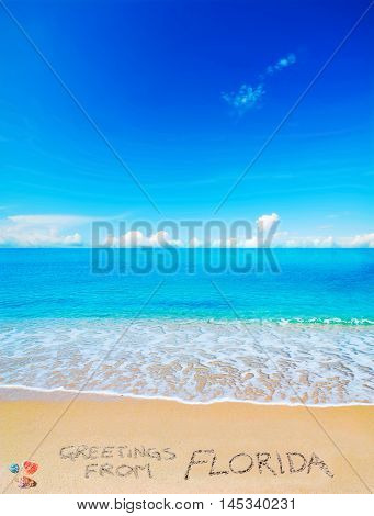 greetings from Florida written on a tropical beach under clouds