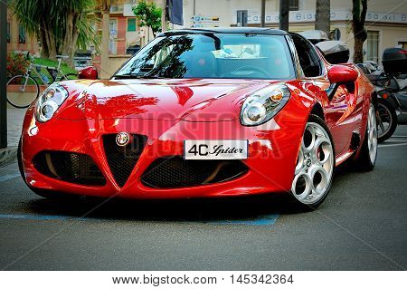 Santa Margherita Italy - August 272016: Alfa Romeo 4C Spider on Alfa Romeo Summer Tour 2016 in Santa Margherita.