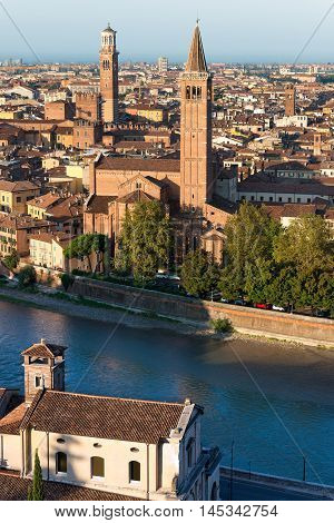 Aerial view of Verona with the church of St. Anastasia (1290-1471) and the medieval tower of Lamberti (XI century - 84 m.). UNESCO world heritage site - Veneto Italy