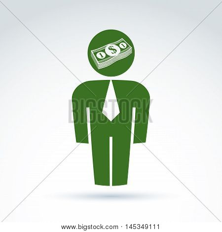 Silhouette of person standing in front, vector illustration of an financier. Delegate consultant white-collar worker CFO. Vector banking symbol dollar currency icon bundle of money.