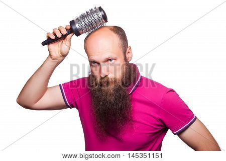Adult Unhappy Man Hand Holding Comb On Bald Head