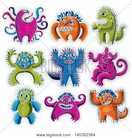Set of character monsters vector flat illustration collection of cute mutants. Drawing of weird beast emotional expression.