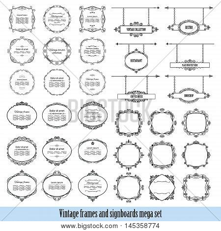 Vintage filigree rames and signboards mega set isolated on white.