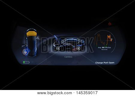 Sofia, Bulgaria - August 29, 2016: Electric Vehicle dashboard panel isolated on a black background. An electric car is an automobile that is propelled by one or more electric motors using electrical energy stored in rechargeable batteries.