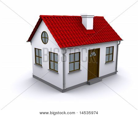 Una piccola casa con tetto rosso su sfondo bianco