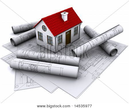 Una casa bianca con il tetto rosso sui disegni di costruzione