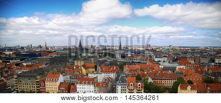 Panoramic view of Copenhagen from church Vor Frelsers Kirke in Copenhagen Denmark